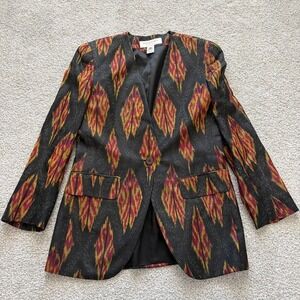 VTG Jones New York 100% Silk Blazer Womens 6 Petite Black Red Avant Garde Artsy